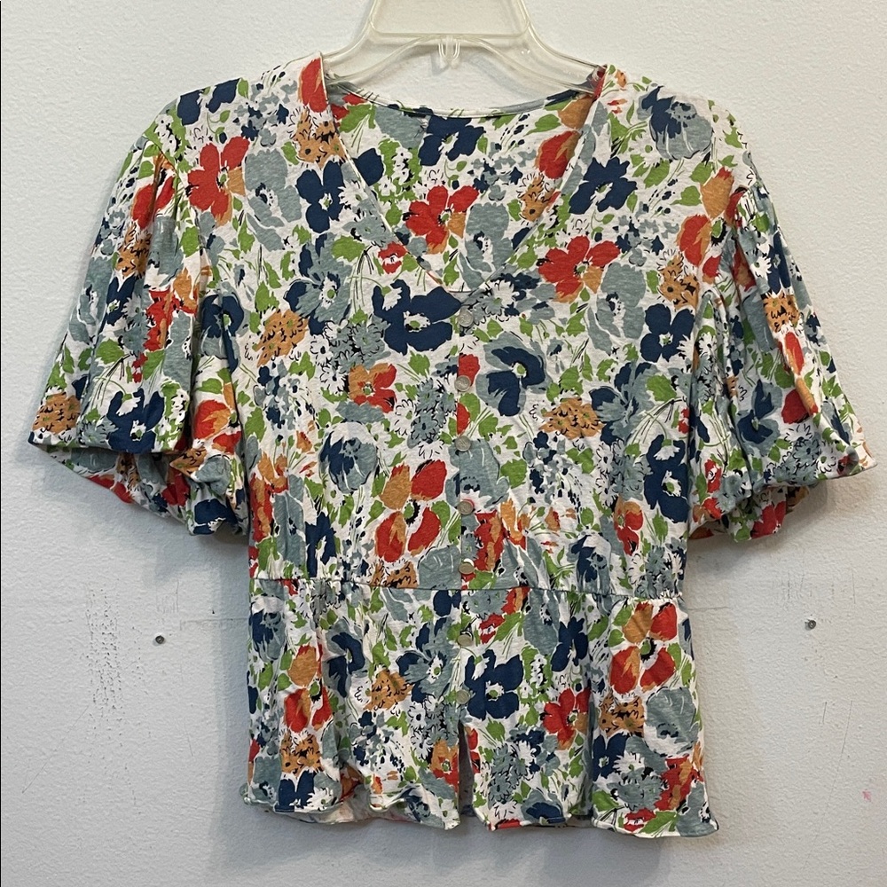 Lauren Ralph Lauren Floral V-Neck Peplum Top - Navy, Red, Green